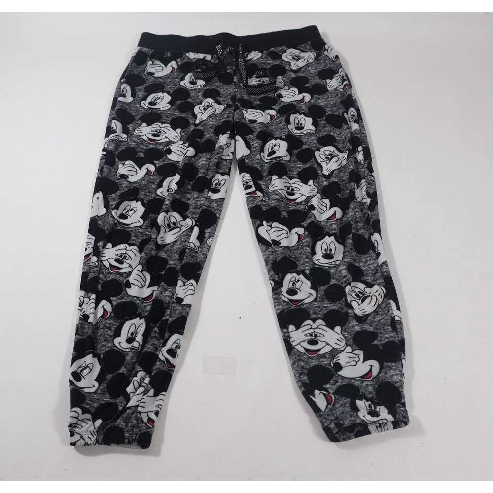 Disney Pajama Pants Womens S Grey Mickey Mouse Jogger Fleece All Over Print